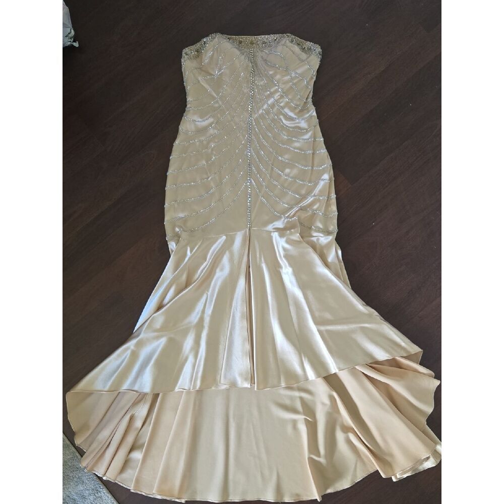 Riva Designs Strapless Gold Satin Mermaid Gown with Beaded Bodice